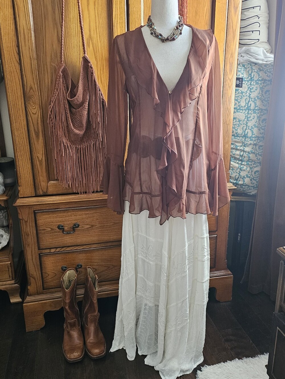 Free People Sheer Ruffle Duster Cardigan Dusty Brown Boho L